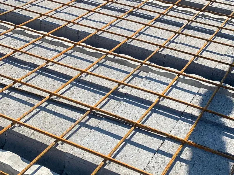 Wapeningsnet over de welfsels van de nieuwe verdiepingsvloer.
